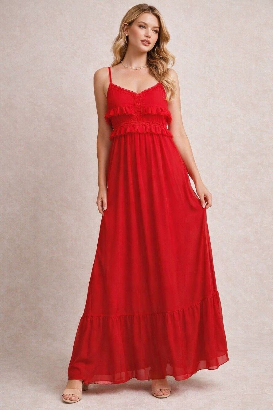 MNG Suit Semi Formal Strappy Flowing Maxi Gown Red Size XL Ruffled Coquette